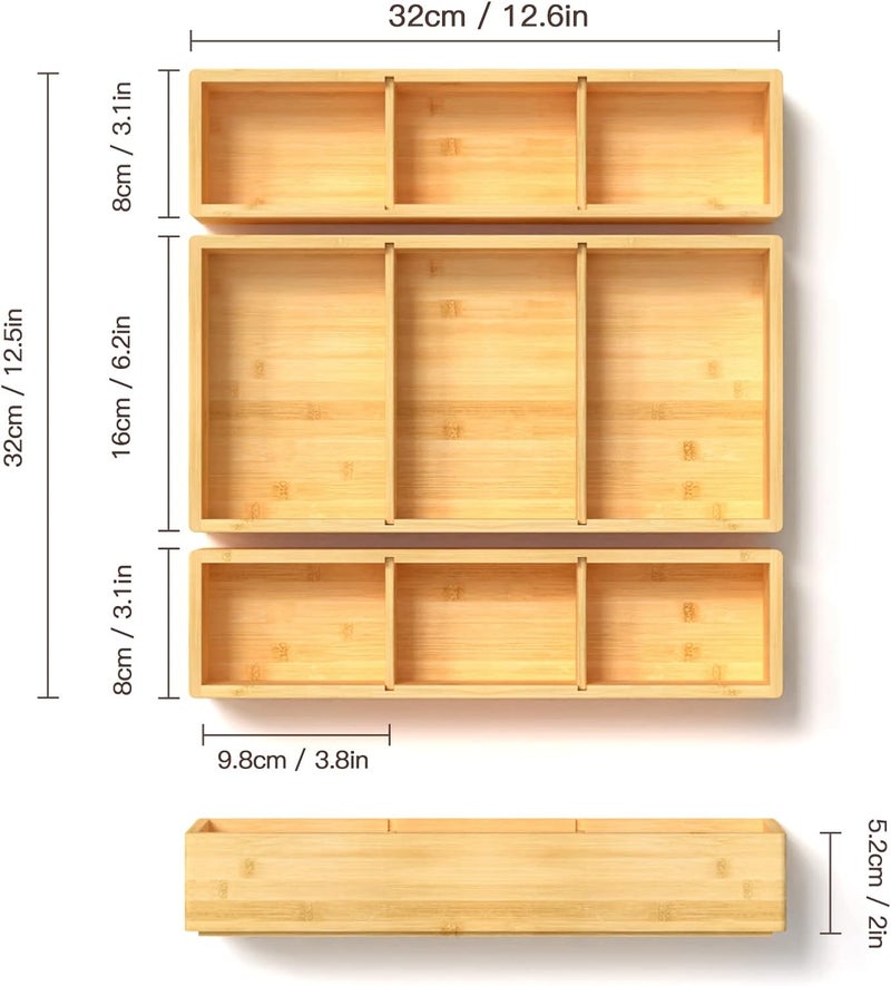 DUJEN Bamboo Drawer Organizer 12.5'' X 12.5'' X 2'', Adjustable 3 Individual Junk Drawer organizer for Bathroom and Kitchen, Wood Drawer Tea Organier Boxes for Silverware, Make up and Tea Bag - Image 2